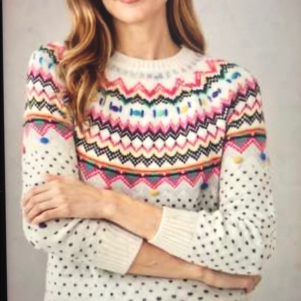 Talbots Fair Isle PomPom Button-back Wool blend Colorful Sweater Size XL